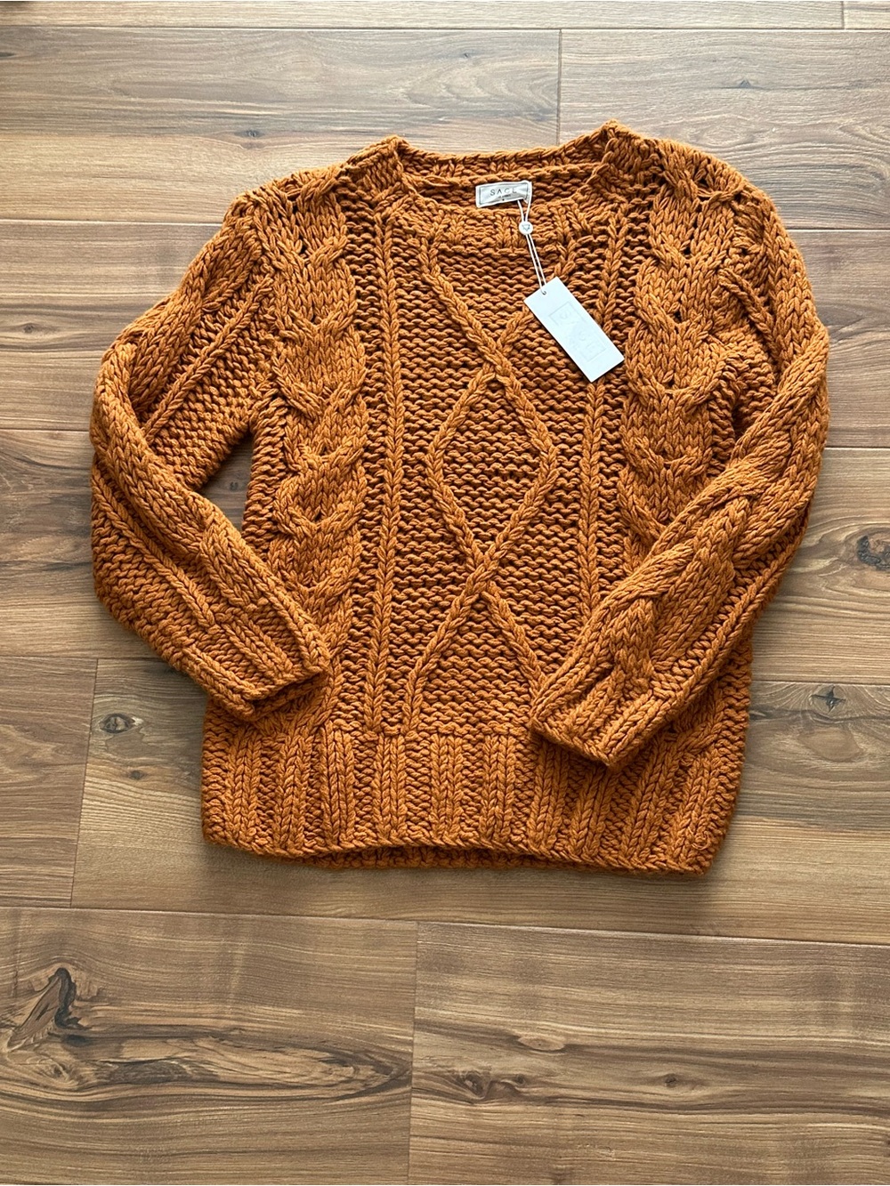 Sage Chunky Cable Knit Crew Sweater - Rust Orange